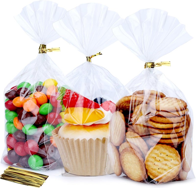 ZIMCEMS 100Pcs 5X7 inch Bottom Gusset Bags Clear Cellophane Gift Bags Plastic Gift Wrap Cello Bags for Party Favor Treats, Goodie,Bakery Cookie, Candy with 5" Twist Ties - Image 1